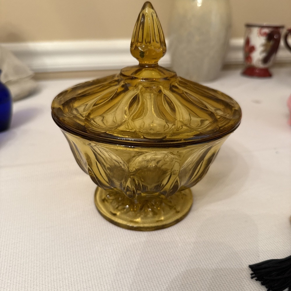 Vintage Indiana Glass Amber Yellow French Candy Bonbonniere Glass Jar Sugar Bowl